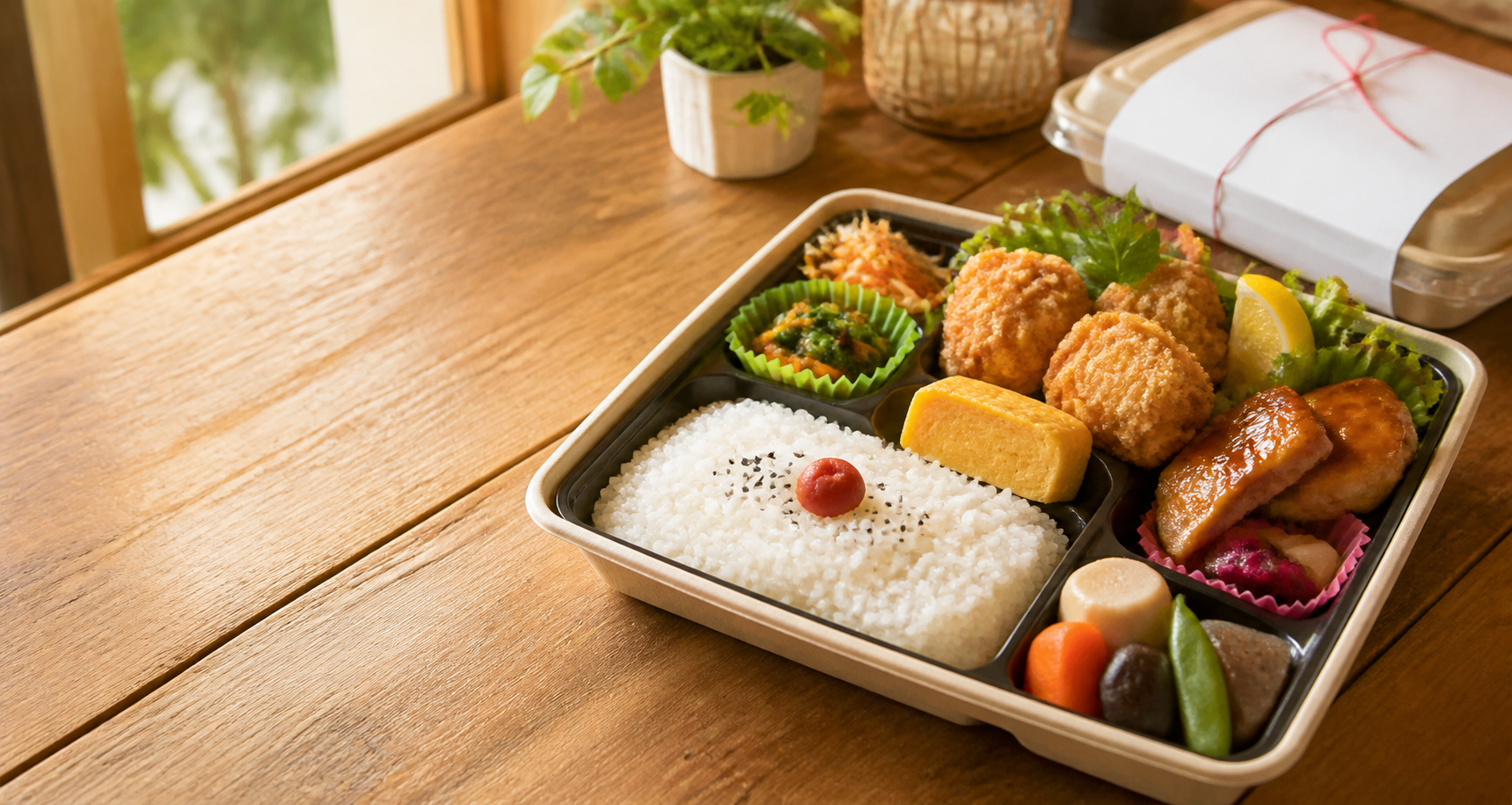 唐揚げ、卵焼き、白ごはん、野菜のおかずが入った手作り弁当